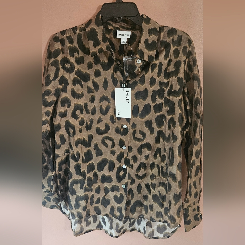 Bailey 44 Leopard Print Sheer Button-Front Women's Blouse Medium BNWT
